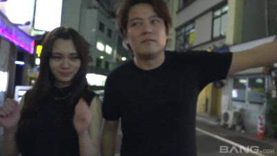 Aiko spreads her hairy Asian pussy for his big white cock